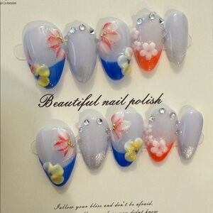 Floral handmade press on Nail Art Set with Blue and Orange Accents